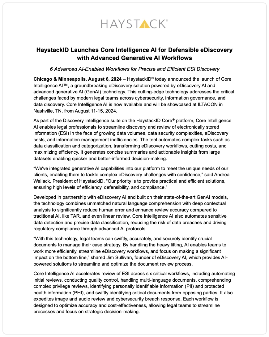 HaystackID<sup>®</sup> Launches Core Intelligence AI<sup>™</sup>